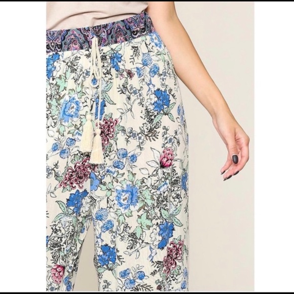 New! Sale 🔥Floral Boho Wide Leg Drawstring Tassels Tie Waist Ruffled Hem Pants - Picture 6 of 7